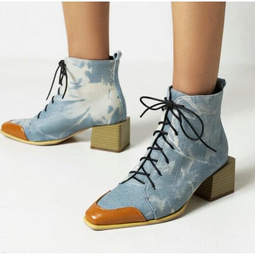 2021 Spring Autumn Lace Up Women Boots Fashion Denim Chunky Heel Ankle Boots Big Size 34-46