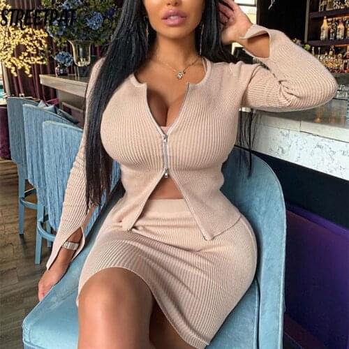 Spring/summer 2021 new womens double zipper pit strip long sleeve blouse skirt two sets