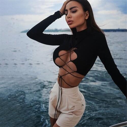 Women Sexy Hollow Out Slim Bodycon Crop Top Solid Color Long Sleeve Pullover Design Two Ways To Wear T-Shirt Nightclub Party