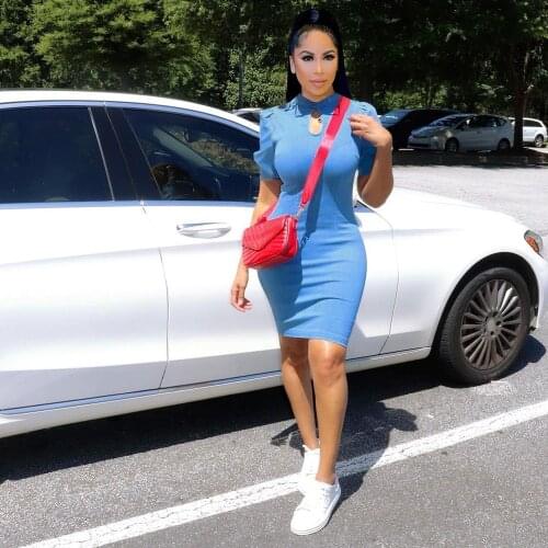 Elastic Hight Blue Hollow Out Sexy Sheath Dress Women Fashion Half High Neck Short Puff Sleeve Dress Casual Waist Shaped Dress