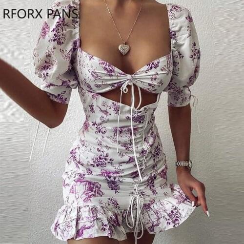 Women Floral Print Cut Out Mini Dress Bodycon Sexy Party Dress