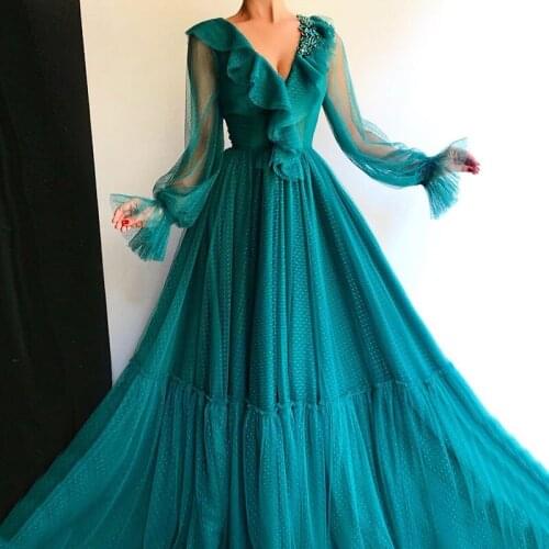 New Charming Boho Long Sleeves Prom Party Gowns Teal Blue V Neckline Pleated Wedding Party Dresses A Line 2021 Vintage Beaded