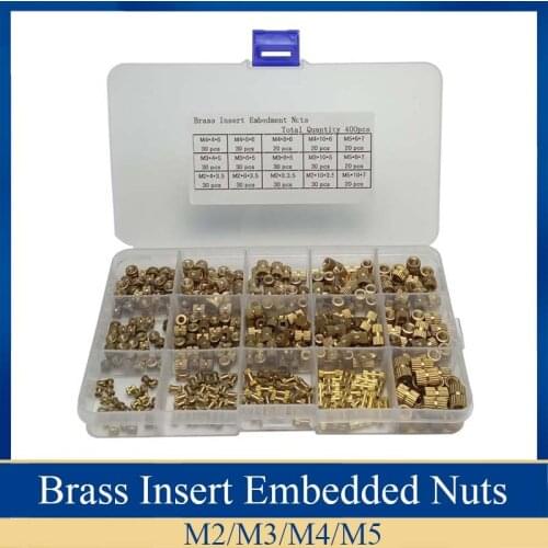 400Pcs Female Thread Knurled Nuts M2 M3 M4 M5 Brass Threaded Insert Round Injection Moulding Knurled Nuts Assortment Kit