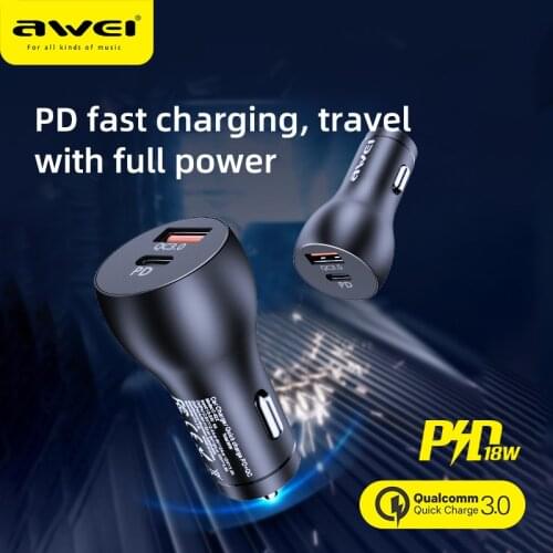 AWEI C-822 Car Charger USB Type C PD+QC 3.0 18W Quick Charging Phone Charger For Huawei Xiaomi Mobile Phone