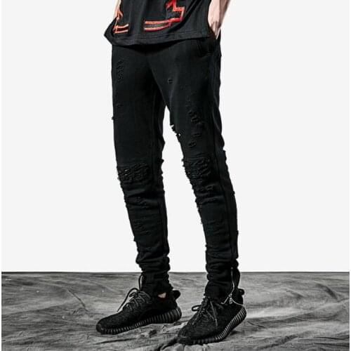 Summer personality fashion mens pants hole slim harem pant men feet trousers thin pantalones hombre cargo pantalon homme black