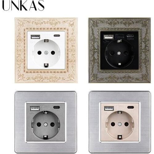 UNKAS Type C Port 16A EU Plug 5V 2100mA With USB Socket 4D Embossing Retro Zinc Alloy Stainless Steel Panel Power AC 110V-250V