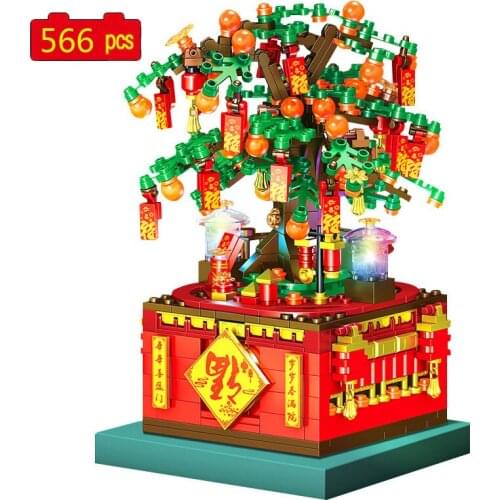 Chinese Style Town Creator Series Rotating Music Box Fortune Tree Building Blocks Bricks Toys Christmas Gifts