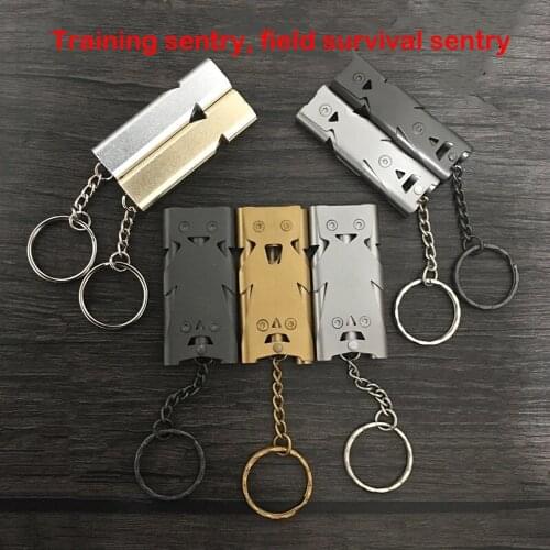 Laser engraving outdoor high decibel portable key chain whistle stainless steel double tube emergency survival whistle