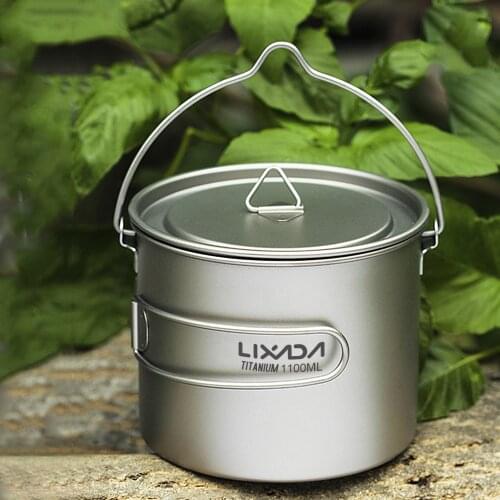 Lixada Outdoor 1100ml Ultralight Titanium Pot Water Mug Cup With Lid Foldable Handle Camping Hiking Cooking Picnic Flatware