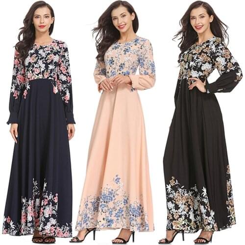 Fashion Womens O-Neck Long Sleeve Floral Printed Casual Abaya Islam Muslim Party Long Dress Vestidos Clothing Robe Musulman#35