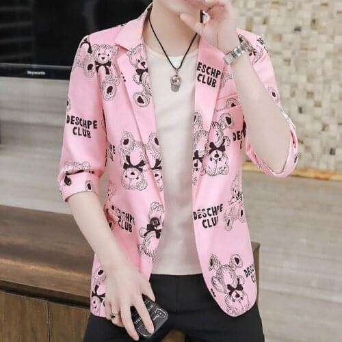 Summer Mens 3/4 Sleeve One Button Casual Blazers Jacket Bear Printed Outwear Coat L8