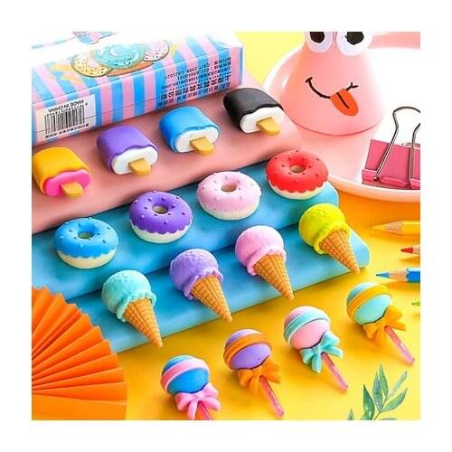 16pcs/4 Boxes Yummy Dessert Eraser Set Mini Lollipop Icecream Popsicle Donuts Rubber Pencil Eraser for Kids School Student Award
