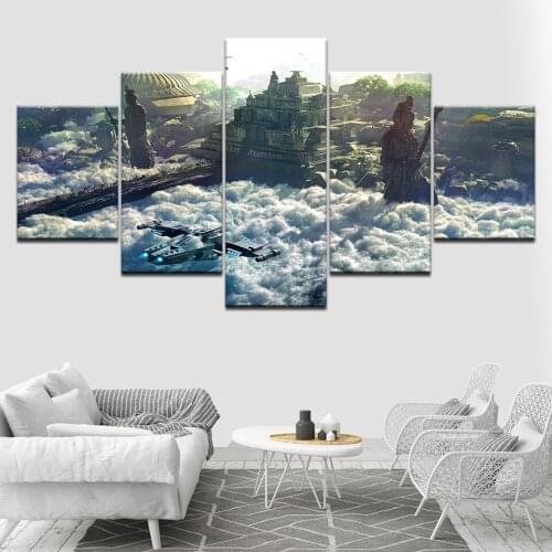 Spaceships future city clouds poster 5 Piece Canvas Wallpapers modern Poster Modular art painting for Living Room Home Decor