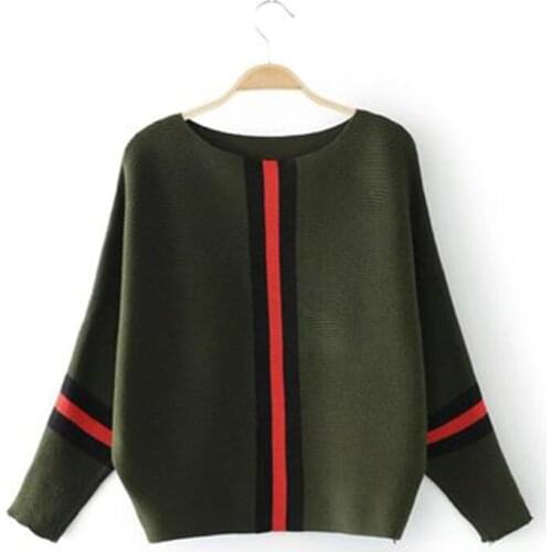 Womens Pullover Spring And Autumn Cotton Pure Color Comfortable Colorblock Knit Long Sleeve Office Professional Bat Sleeve Top