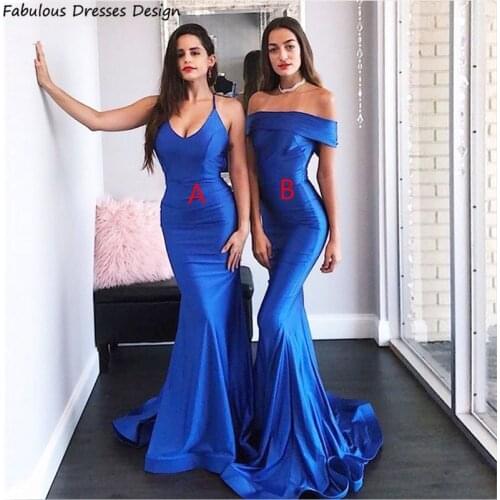 Off Shoulder Boat Neck Bridesmaid Dresses Royal Blue Mermaid Long Wedding Party Dress Sweep Train Robe De Soirée De Mariage