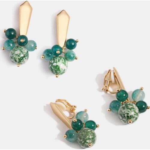Elegant Green Natural Stone String Beads Gold Minimlist Clip on Earrings Without Pierced for Women Girl Ear Clips Gift Wholesale
