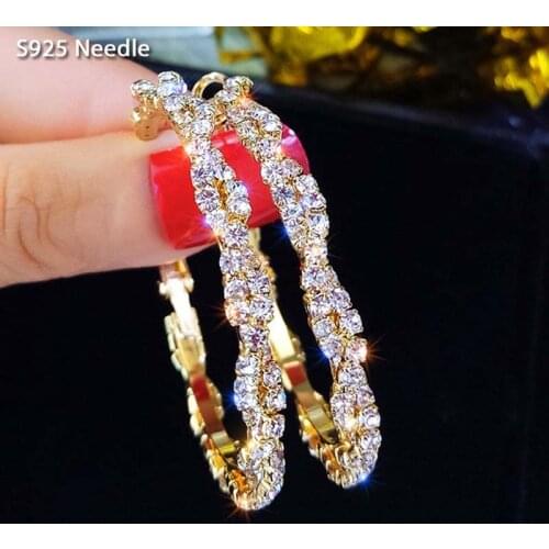 Real 925 Sterling Silver Needle Hoop Earrings for Women Jewelry Gold Statement Rhinestone Rhombus Punk Rock Large Round Earrings