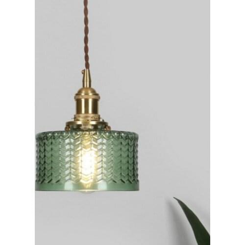 Nordic vintage brass glass droplight Carved glass water wave Pattern hanging lights Copper pendant lighting lampshades MJ1014