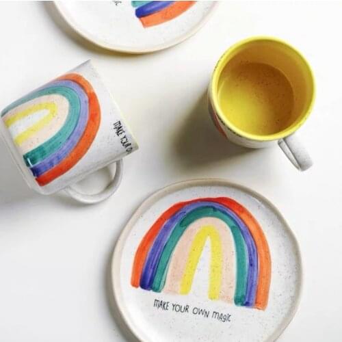 Mug Plate Keepods INS Afternoon Tea Dessert Plateau Jetable Saucer Water Cup Cartoon Rainbow Hard Fine Porcelain Cute Home