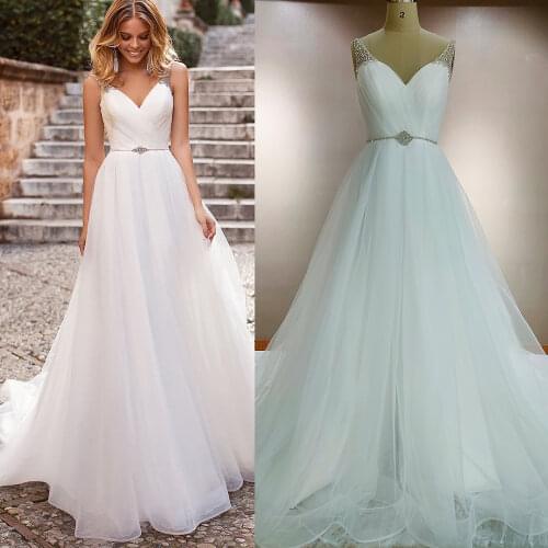 V Neck Tulle Wedding Dresses Princess Backless Off White Plus Size Beading Straps Sash Bridesmaid Bridal Gown Vestido De Noiva