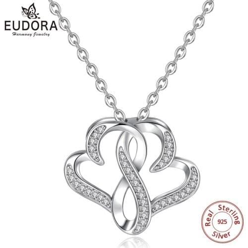 Eudora 925 Sterling Silver Heart to Heart Pendant Necklace with Clear CZ for Women girl Fine Jewelry Valentines day gift CYD286