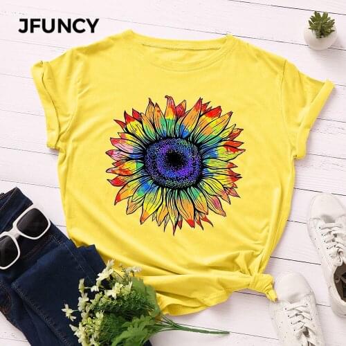 JFUNCY S-5XL Oversize Women T Shirt Female Short Sleeve Tees Colorful Flower Print Summer Woman Basic Tops Lady Girl T-shirts
