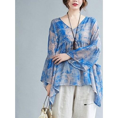 Oversized Women Cotton Linen Casual T-shirts New 2021 Spring Vintage Style V-neck Print Loose Female Batwing Sleeve Tops S3508