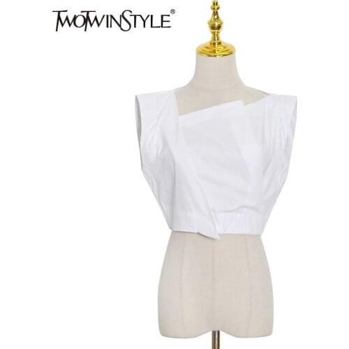 TWOTWINSTYLE White Casual Shirt For Women Asymmetrical Collar Sleeveless Solid Minimalist Blouses Female Korean Fashion Clothing