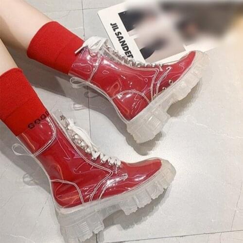Women Transparent Marten Boots Lace Up Fashion Rain Boots PU Leather Platfrom Waterproof Females Ankle Boots With Socks 2021 New