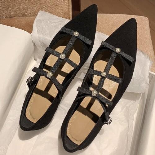 Womens natural suede leather bowtie t-strap korean style pointed toe slip-on flats single shoes high quality casual daily shoes