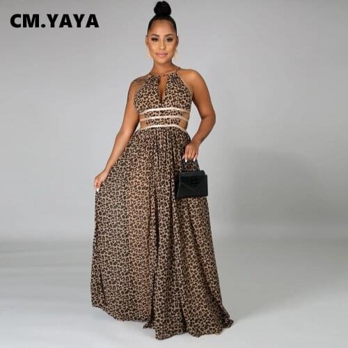 CM.YAYA Women Long Dress Leopard Sleeveless Bandage Hollow Out Loose Maxi A-line Dresses Fashion Sexy Vestidos Summer Outfits