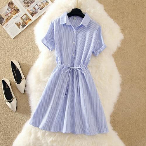 Dress Women Summer Shirt Dress Elegant Lady Vestido Blue Striped 2021 Short Sleeve Short Dresses Office Turn Down Collar Bow F58