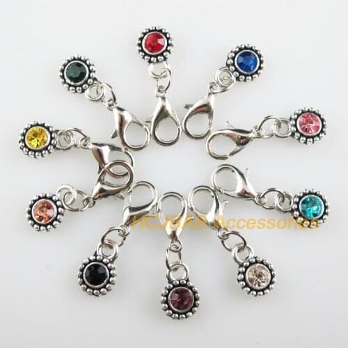 10 New Daisy 8x11.5mm Charms Mixed Round Crystal Tibetan Silver Plated Retro With Lobster Claw Clasps