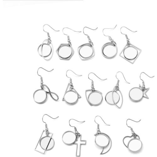 20pcs 12mm Stainless Steel Geometric Bezel Charms With Tray Cabochon Earring Hook Base Blank Setting For DIY Jewelry Making