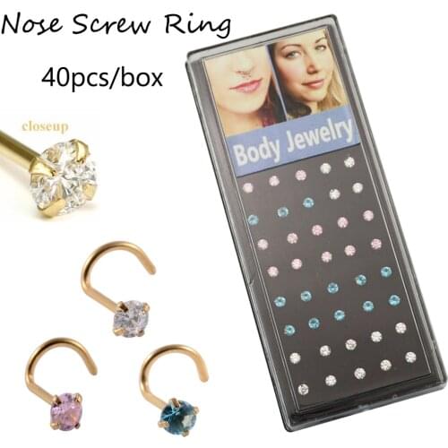 40pcs/box Prong Set Closeup Cubic Zircon Crystal Nose Screw Ring Piercing Gold Plated Nose Retainers Stud 20g Body Jewelry