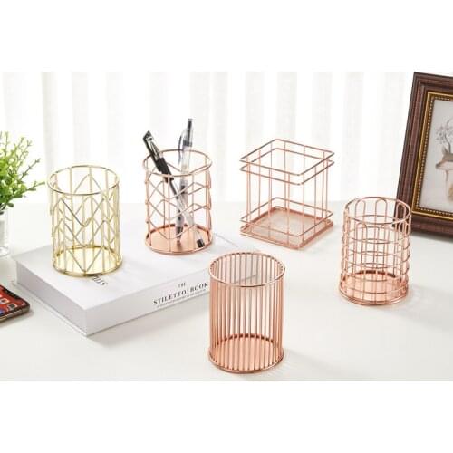 Nordic Office Home Storage Accessories Iron Art Rose Gold Round Pencil Box Desk Organizer Stationery Pen Holder