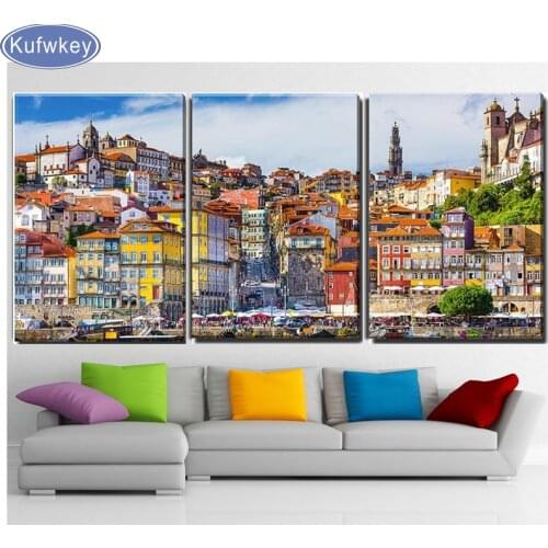New hot DIY diamond painting 3 Pieces Porto Portugal Old Town scenic diamond embroidery full square round drill diamond mosaic