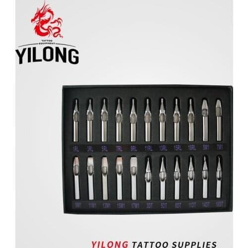 YILONG Free Shipping New Disposable 22Pcs/lot Stainless Steel Tattoo Tips Set Kit For Grip Machine Tattoo & Body Art