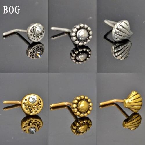 BOG-1PC Surgical Steel Crescent Nose Bone Ring Dotted Sun Seashell L Shape Nose Stud Piercing Nose Ring 20G