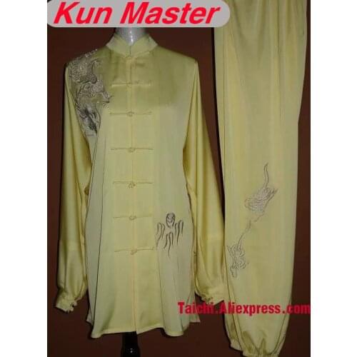 Man Custom Tai Chi Performance Uniform Dragon Embroidery Martial Art Clothing For Kung Fu Note Your Height And Weight Yellow