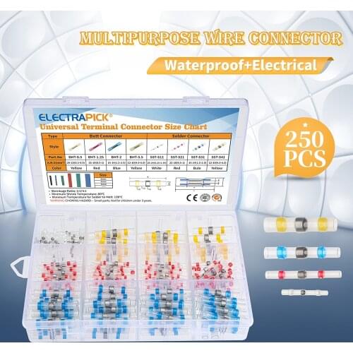Electrapick 250pcs Heat Shrink Solder Butt Waterproof Solder Seal Wire Solder Connector Kit Automotive Marine Insulated