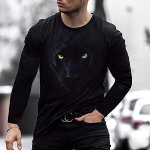 New mens summer and autumn models loose round neck black panther digital printing long-sleeved T-shirt top 3D printing milk sil