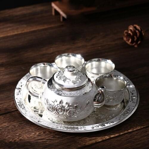 Chinese Handmade Gilt Silver Tea Set Home Office Kung Fu Tea Set Tea Tray Teapot Tea Cup Set Rose Silver Plated Tea Set