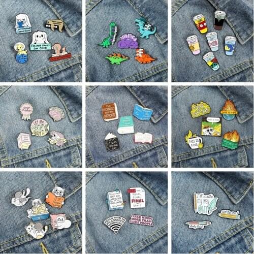 Cartoon Cat Reading Books Metal Enamel Pin Brooch Cute Skull Book Pin Personality Charm Costume Jewelry Gifts For Student Friend