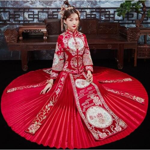 Red Chinese High-end Wedding Dress Embroidery Flowers Banquet Costume Classic Cheongsam China Qipao костюм для восточных