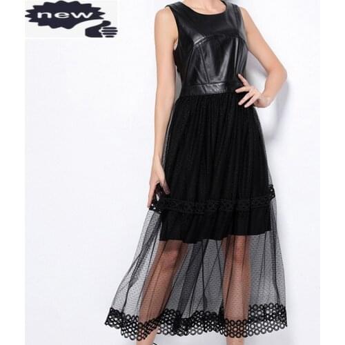 Summer Elegant Lady Black Lace Evening Vestidos Italian Luxury Women Sheepskin Genuine Leather Sleeveless Party Long Dress