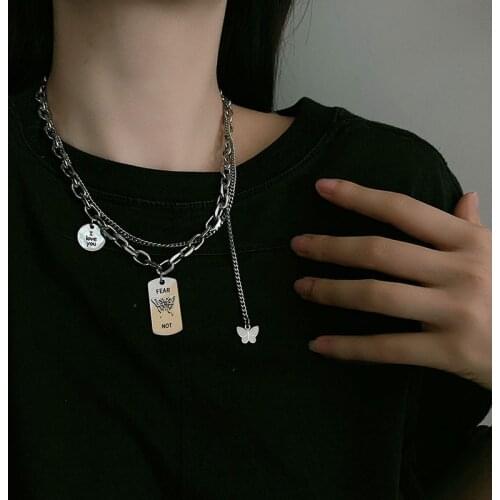 Meetvii 2020 New Stainless Steel Butterfly Pendant Necklace Men Women I CAN Letter Metal Board Chain Necklace Hiphop Jewelry