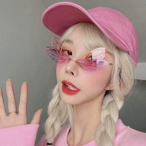 Fashion Rimless Wings Sunglasses Women Vintage Punk Cool Gradient Dragonfly Steampunk Cat Eye Sun Glasses For Female