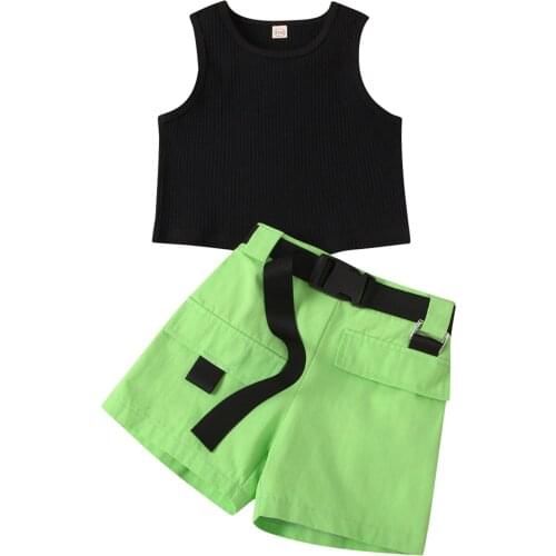 Fashion Kids Girls Clothes Set Baby Girl Summer Solid Sleeveless Tank Top+Shorts+Belt 3PCS Outfit Children Clothing Set
