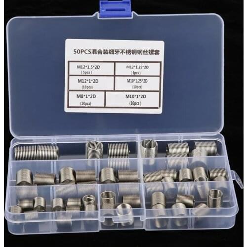 50Pcs M8/M10/M12*2D Fine Threaded Insert Stainless Steel Coiled Wire Helical Screw Thread Insert Set Thread Repair Tool Fastener
